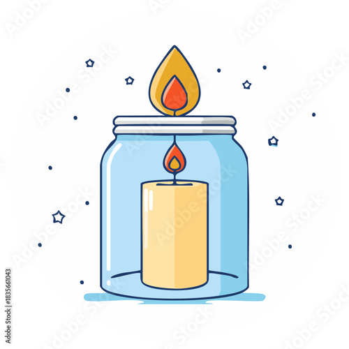 Vibrant illustration of a lit candle safely enclosed within a glass jar radiating peaceful light and warmth