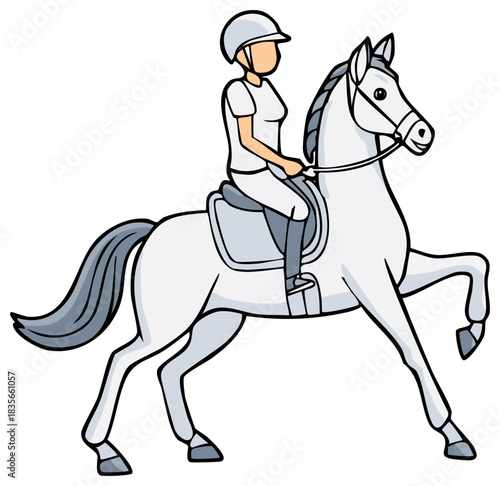 Woman riding white horse in equestrian sport cartoon illustration