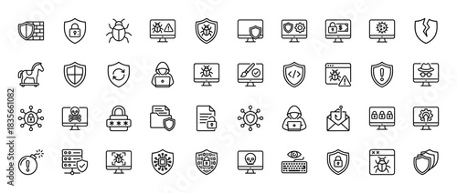 Cybersecurity line icon set. Vector pictograms of shield, bug, lock, firewall, password, monitor, and bomb, thin outline illustration.