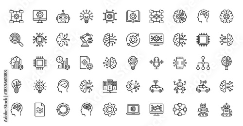 Artificial intelligence line icon set. Vector pictograms of machine learning, deep learning, data analysis, and robotics, thin outline illustration.