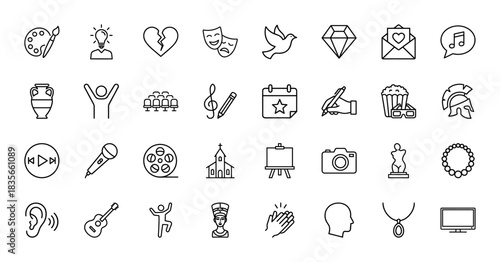 Arts and entertainment line icon set. Vector pictograms of painting, music, drama, cinema, and photography, thin outline illustration.