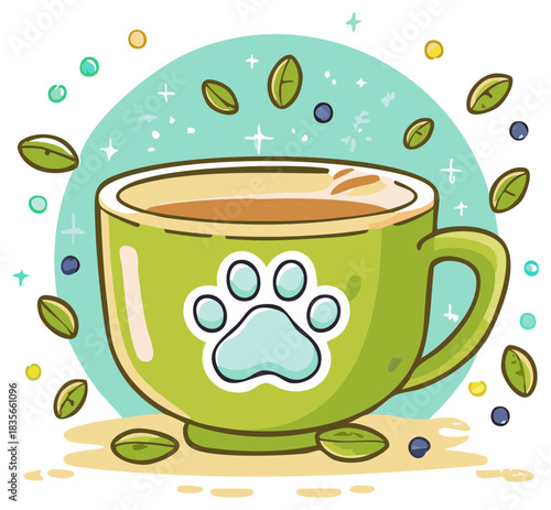 Cute illustration of a green mug with a paw print symbol filled with hot tea and leaves