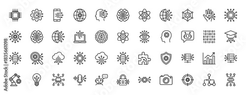 Technology and artificial intelligence line icon set. Vector pictograms of chip, brain, robot, and atom, thin outline illustration.