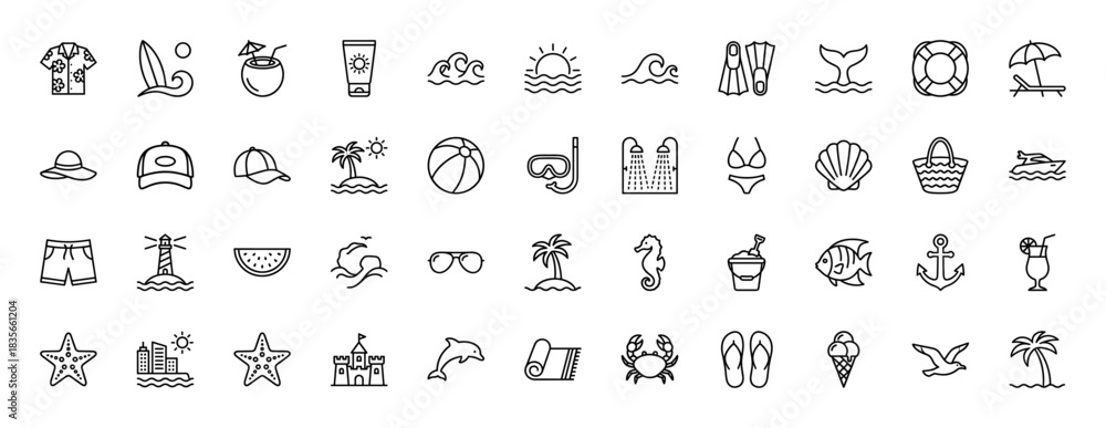 Naklejka premium Summer and beach vacation line icon set. Vector pictograms of swimwear, starfish, coconut, and surfboard, thin outline illustration.