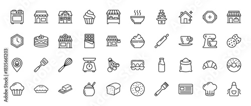 Bakery and patisserie line icon set. Vector pictograms of oven, whisk, cupcake, cake, and flour, thin outline illustration.