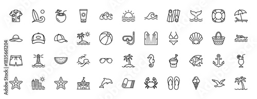Summer and beach vacation line icon set. Vector pictograms of swimwear, starfish, coconut, and surfboard, thin outline illustration.
