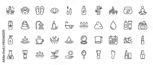 Beauty and spa line icon set. Vector pictograms of massage, cosmetic products, aroma therapy, and wellness treatments, thin outline illustration.