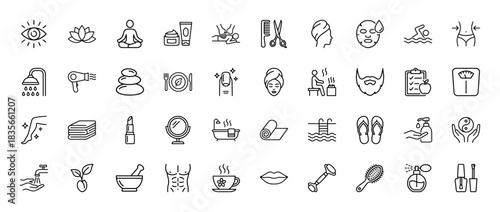 Beauty and spa line icon set. Vector pictograms of massage, cosmetic cream, scissors, nail polish, and meditation, thin outline illustration.