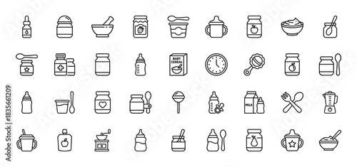 Baby food and feeding outline icon set. Vector pictograms of jar, bottle, cereal, spoon, pacifier, and milk, thin outline illustration.