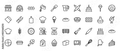 Bakery and patisserie line icon set. Vector pictograms of oven, mixer, cake, whisk, rolling pin, and chef hat, thin outline illustration.