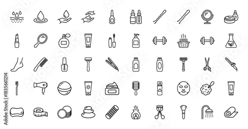 Beauty and cosmetics line icon set. Vector pictograms of skincare, makeup, hair care, and spa items, thin outline illustration.