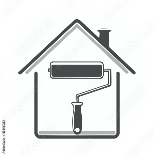 Residential home painting and renovation symbol with classic paint roller inside house