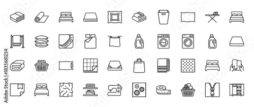 Home textiles and laundry line icon set. Vector pictograms of bed, pillow, towel, sewing machine, and detergent, thin outline illustration.