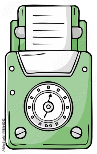 A vintage green time clock machine cartoon illustration for tracking work hours