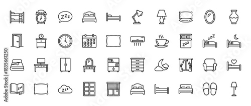 Bedroom and sleep outline icon set. Vector pictograms of furniture, alarm clock, calendar, and bedside accessories, thin line illustration.