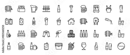 Beverage and brewery line icon set. Vector pictograms of beer mugs, bottles, kegs, and fermentation tanks, thin outline illustration.