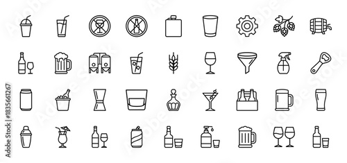 Alcohol and drink line icon set. Vector pictograms of beer mug, wine glass, cocktail, shaker, and bottle, thin outline illustration.