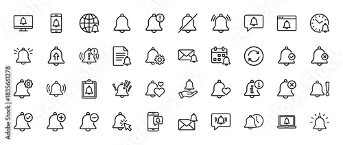 Application and interface notification line icon set. Vector pictograms of alert, alarm, reminder, and message bells, thin outline illustration.