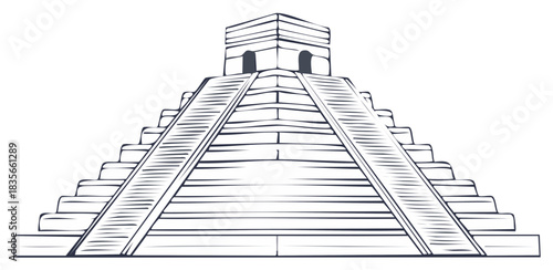 Line drawing of a Mayan pyramid, ancient architecture concept