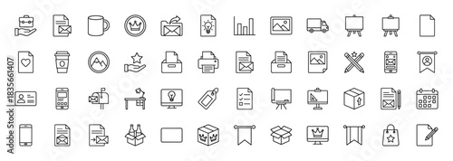 Business and office line icon set. Vector pictograms of document, mail, phone, computer, and chart, thin outline illustration.