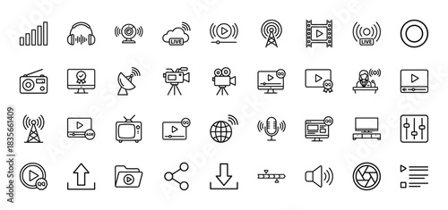 Media and broadcasting line icon set. Vector pictograms of antenna, camera, headphones, radio, and signal, thin outline illustration.