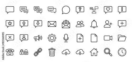 Interface and communication line icon set. Vector pictograms of messages, mail, settings, and phone, thin outline illustration.