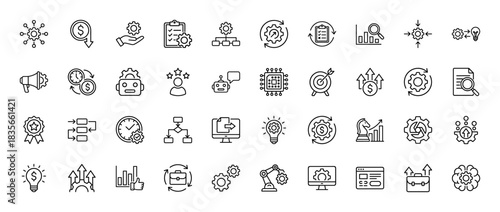 Business and optimization line icon set. Vector pictograms of settings, gear, flowcharts, automation, and ai concepts, thin outline illustration.