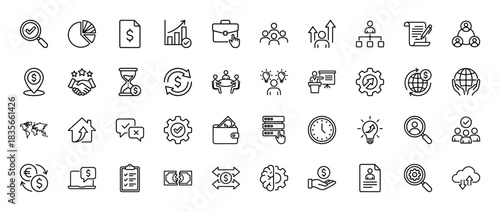 Business and finance line icon set. vector pictograms of chart, money, handshake, strategy, and analysis, thin outline illustration.