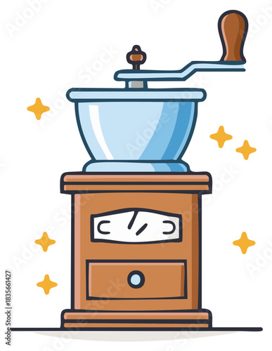 Vintage manual coffee grinder cartoon illustration with sparkles
