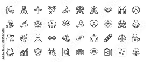 Business line icon set. Vector pictograms of team, growth, finance, partnership, and strategy, thin outline illustration.