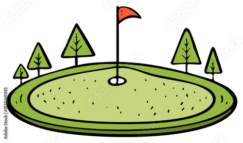 Vibrant green golf course putting green with flag and hole surrounded by stylized trees playful cartoon illustration