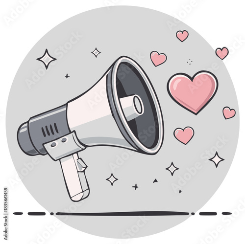 Megaphone broadcasting pink hearts and sparkling stars for announcement and celebration