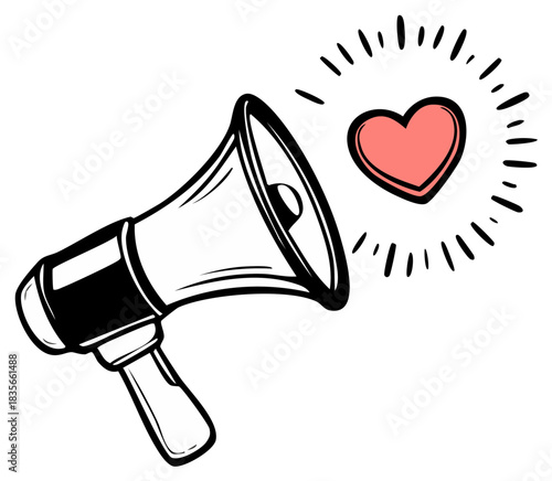 Retro Megaphone Broadcasting a Love Message with Glowing Heart Design Black and White Loudspeaker Promoting Affection Announcement