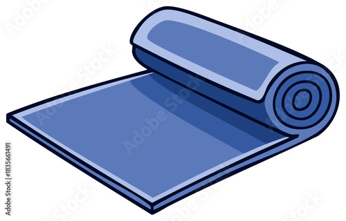 Unrolled blue mat for yoga or fitness exercises ready for use