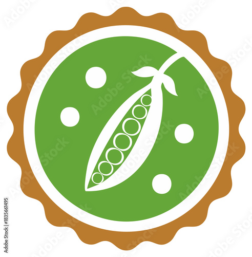 Vibrant Green Pea Pod and Peas Icon Design with Scalloped Brown Border