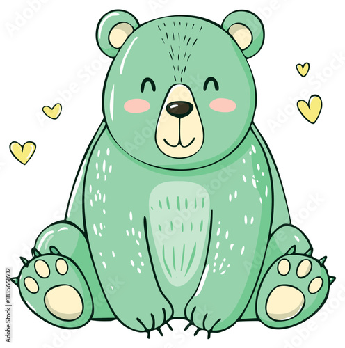 Cute teal bear cartoon illustration with hearts, cheerful and friendly character