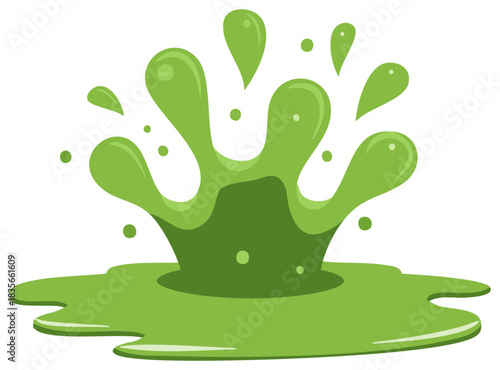 Vibrant green slime splash with flying drops and a glossy puddle of goo