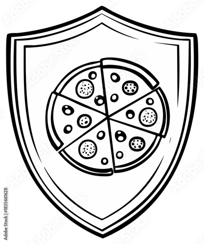 Pizza slice emblem, symbol for food protection, security, and restaurant branding