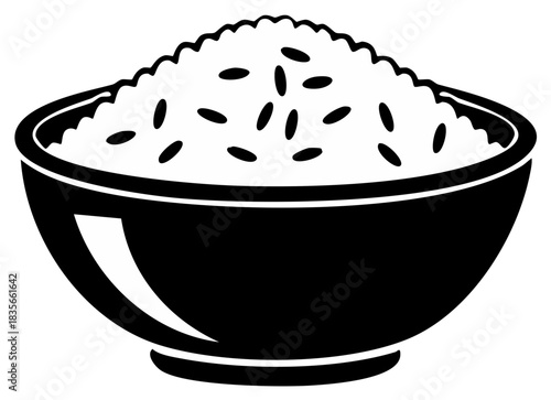 Black and white bowl of cooked rice graphic illustration food icon