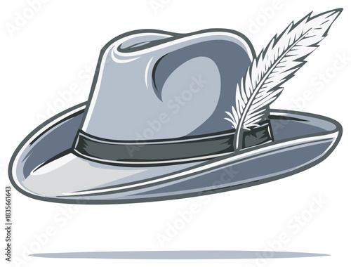 Stylish grey fedora hat with a prominent white feather and dark band traditional alpine or costume headwear illustration