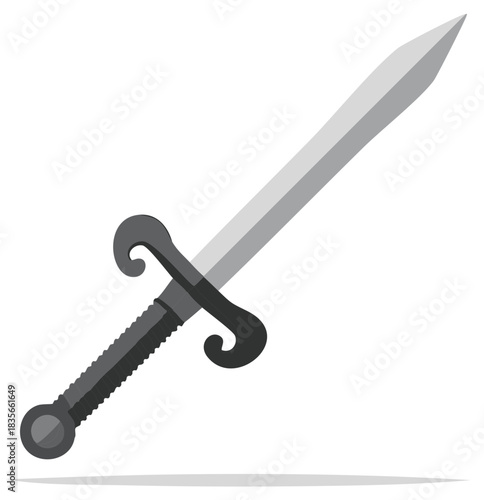 Stylized vector sword illustration with a gleaming silver blade and dark, curved hilt for medieval fantasy combat.