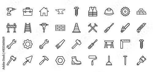 Construction and repair line icon set. Vector pictograms of tools including drill, hammer, saw, and safety vest, thin outline illustration.
