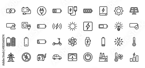 Energy and power line icon set. Vector pictograms of batteries, charging plugs, solar panel, car, and power grid, thin outline illustration.