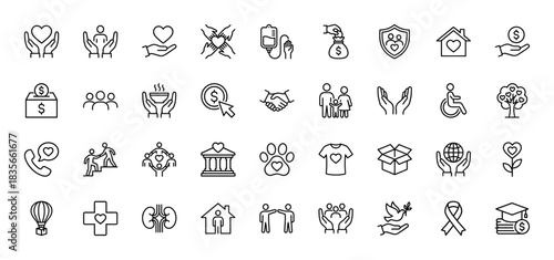 Charity and donation line icon set. Vector pictograms of heart in hands, money bag, blood donation, and community aid, thin outline illustration.
