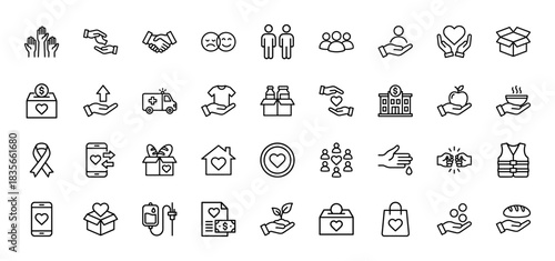 Charity and donation line icon set. Vector pictograms of helping hands, money, food, and shelter, thin outline illustration.