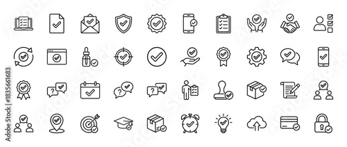 Business and quality assurance line icon set. Vector pictograms of approved documents, protection shields, certified products, and verification marks, thin outline illustration.