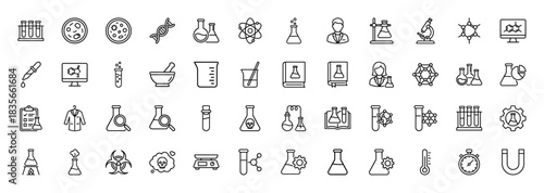 Science and chemistry line icon set. Vector pictograms of flasks, microscope, dna, and lab equipment, thin outline illustration.
