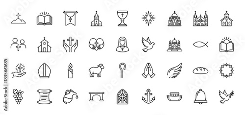 Religious line icon set. Vector pictograms of cross, church, bible, chalice, dove, and angel wings, thin outline illustration.