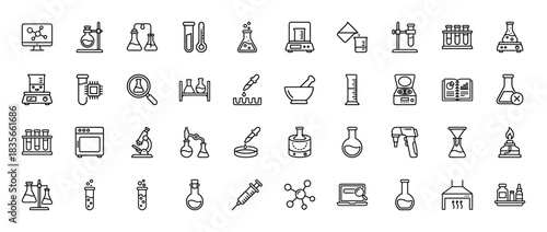 Laboratory science line icon set. Vector pictograms of flasks, beakers, microscope, and test tubes, thin outline illustration.