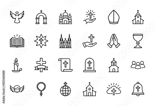 Religious line icon set. Vector pictograms of cross, church, angel, bible, rosary, and chalice, thin outline illustration.